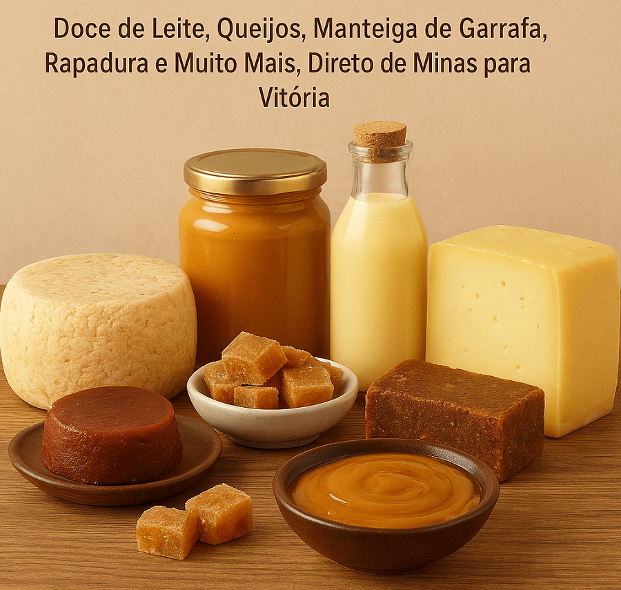 Produtos artesanais de Minas Gerais — queijos, doce de leite, manteiga de garrafa, rapadura, goiabada e doces cristalizados — expostos sobre uma mesa de madeira, com fundo bege e destaque para o anúncio "Produtos de Minas em Vitória? A Du Fred Tem!"