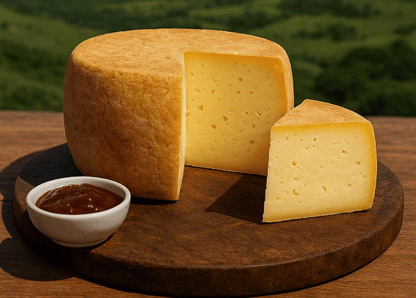 Queijo Canastra artesanal em destaque, com a Serra da Canastra ao fundo, mostrando a paisagem típica de Minas Gerais.